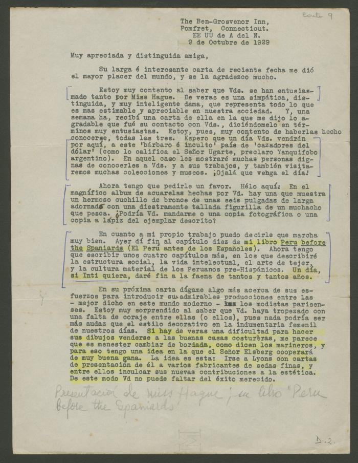 Carta de Philip Ainsworth Means a Elena Izcue