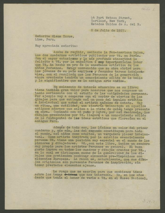 Carta de Philip Ainsworth Means a Elena Izcue