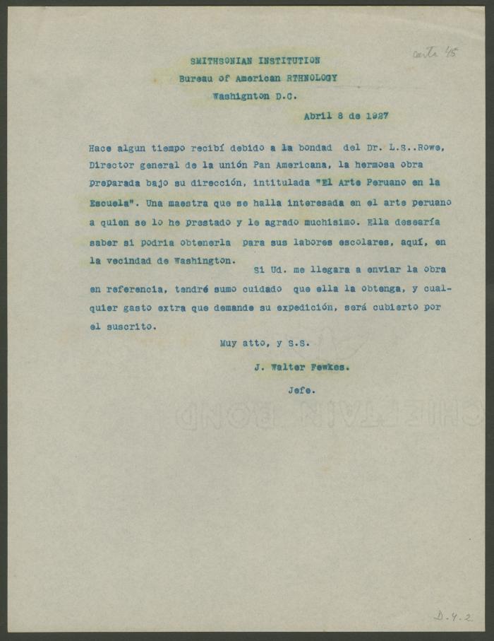 Carta de J. Walter Fewkes a Rafael Larco Herrera