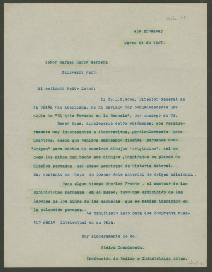 Carta de Stelyn Icenderson a Rafael Larco Herrera