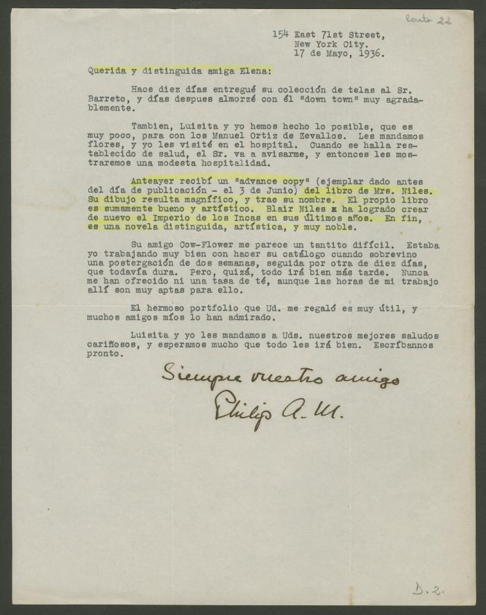 Carta de Philip Ainsworth Means a Elena Izcue