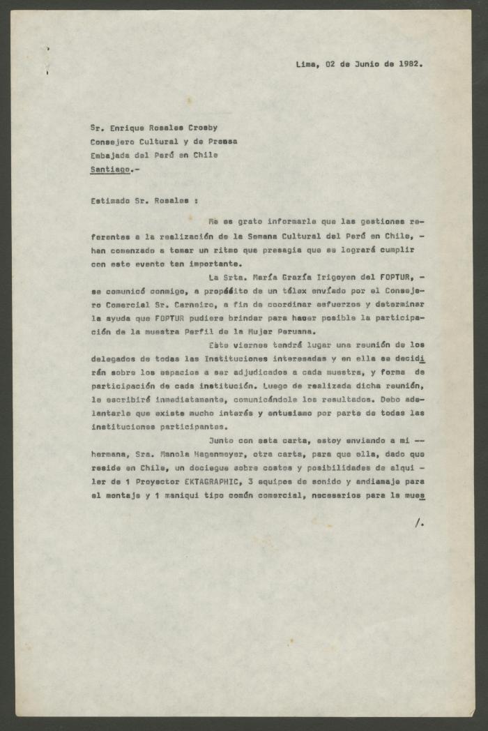 Carta dirigida a Enrique Rosales Crosby, consejero cultural y de prensa de la Embajada del Perú en Chile
