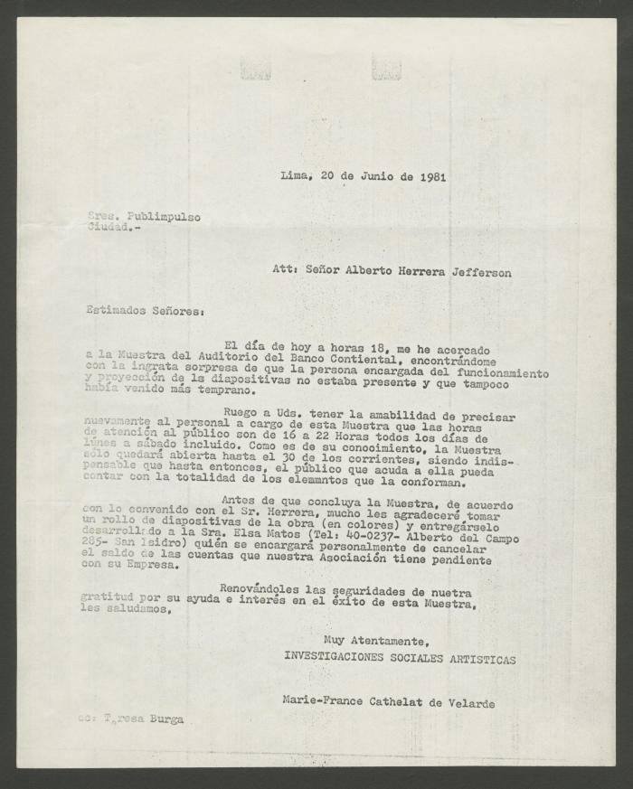 Carta dirigida a la empresa Publimpulso. Copia