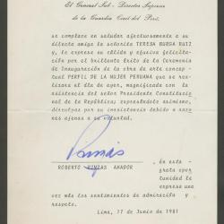 Carta de felicitación a Teresa Burga