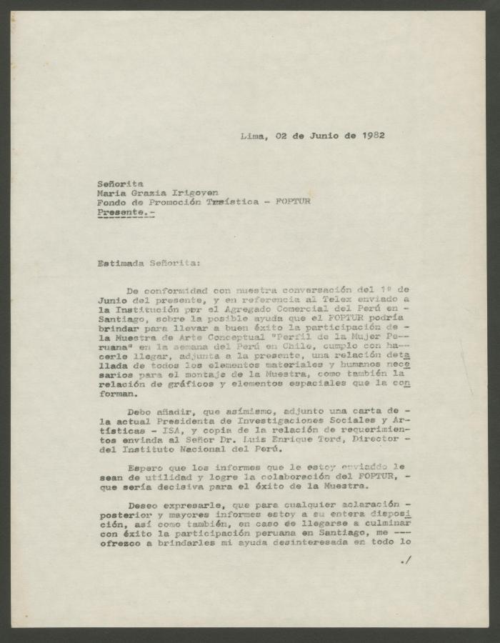 Carta dirigida al Fondo de Promoción Turística, FOPTUR