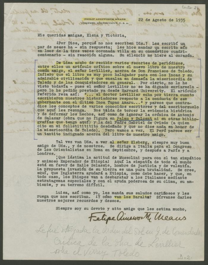 Carta de Philip Ainsworth Means a Elena y Victoria Izcue