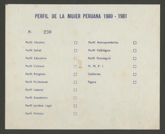 Perfil de la mujer peruana 1980-1981. Ficha