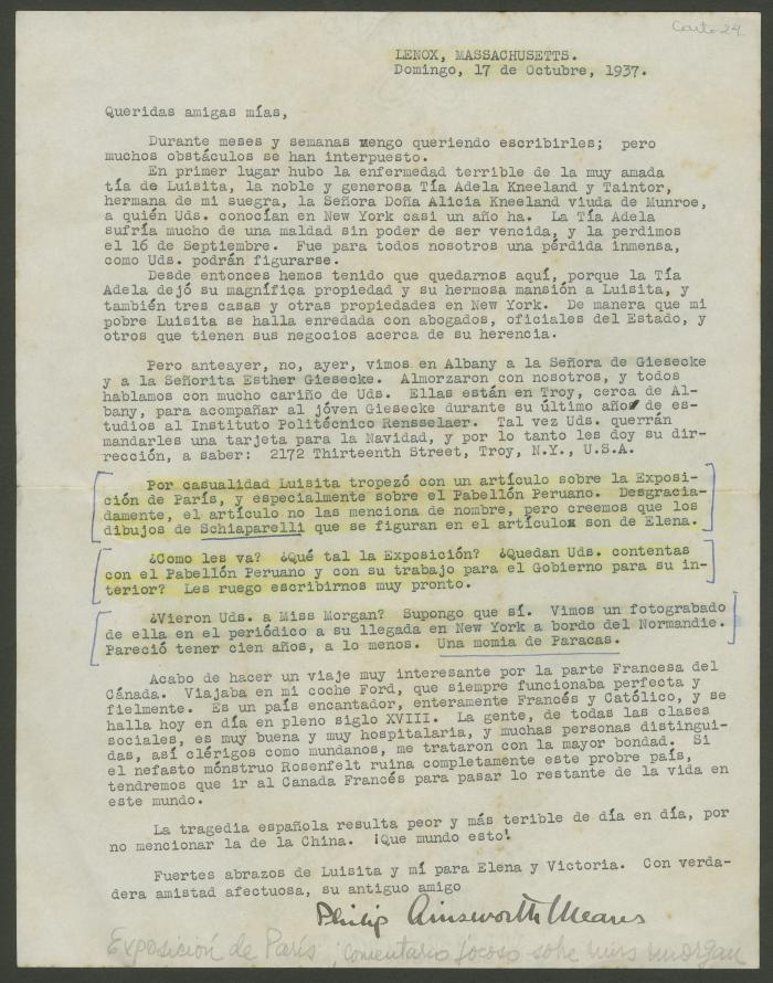 Carta de Philip Ainsworth Means a Elena y Victoria Izcue