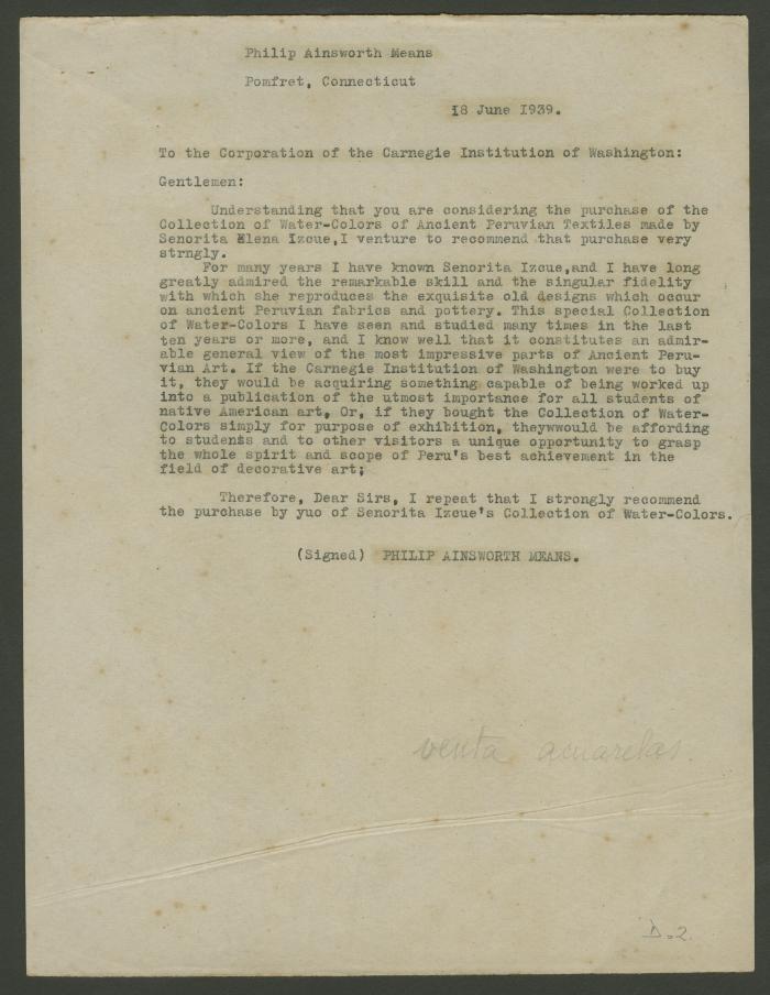 Carta de Philip Ainsworth Means a Elena Izcue