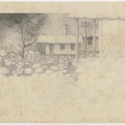 Boceto de cabaña y piedras