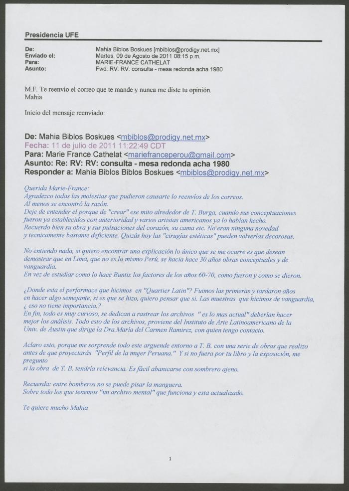 Correo electrónico de Mahia Biblos a Marie-France Cathelat