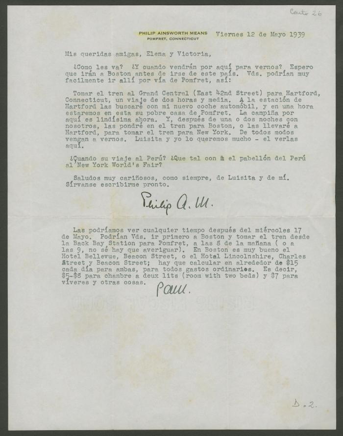 Carta de Philip Ainsworth Means a Elena y Victoria Izcue
