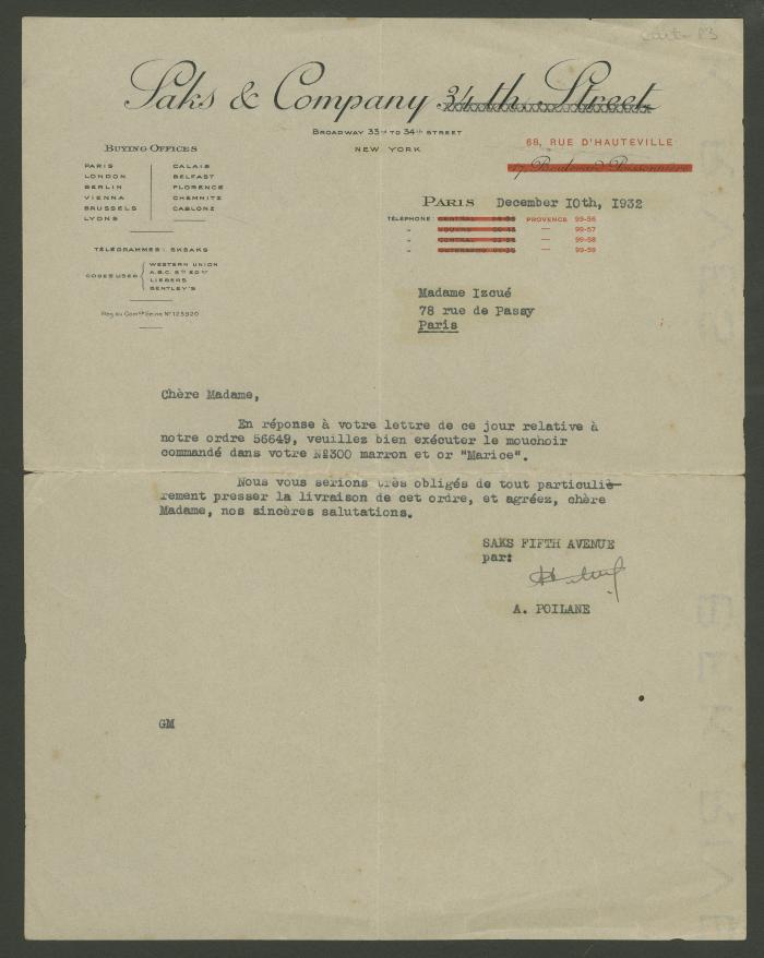 Carta de A. Poilane, Saks & Company a Elena Izcue
