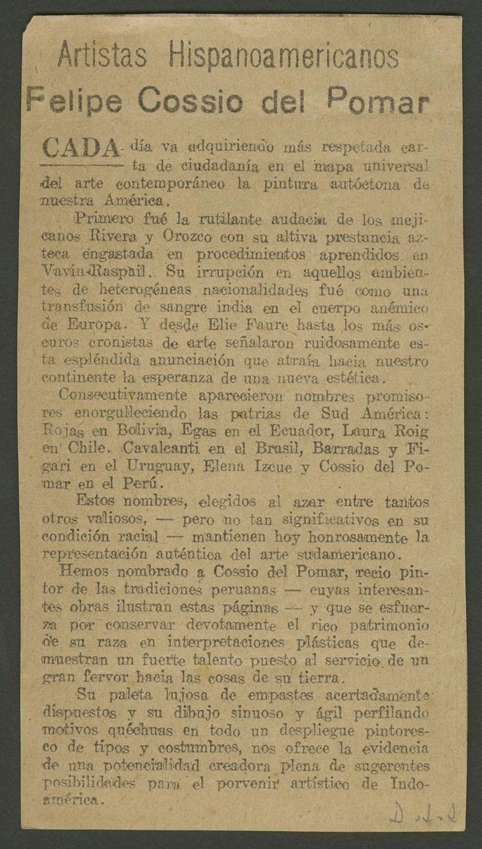 ""Artistas hispanoamericanos. Felipe Cossío del Pomar""