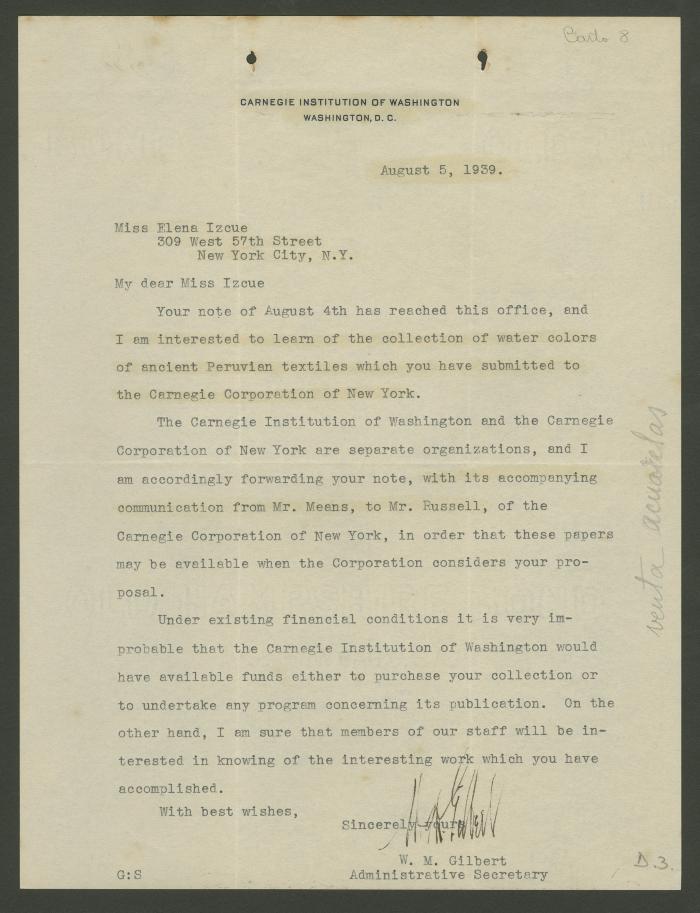 Carta de W. M. Gilbert a Elena Izcue
