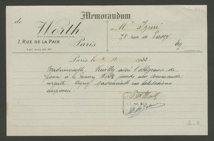 Memorándum de P. M. Worth a Elena Izcue