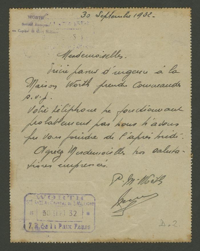 Carta de P. M. Worth a Elena Izcue