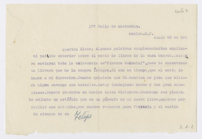 Carta de Felipe Cossío del Pomar a Elena Izcue