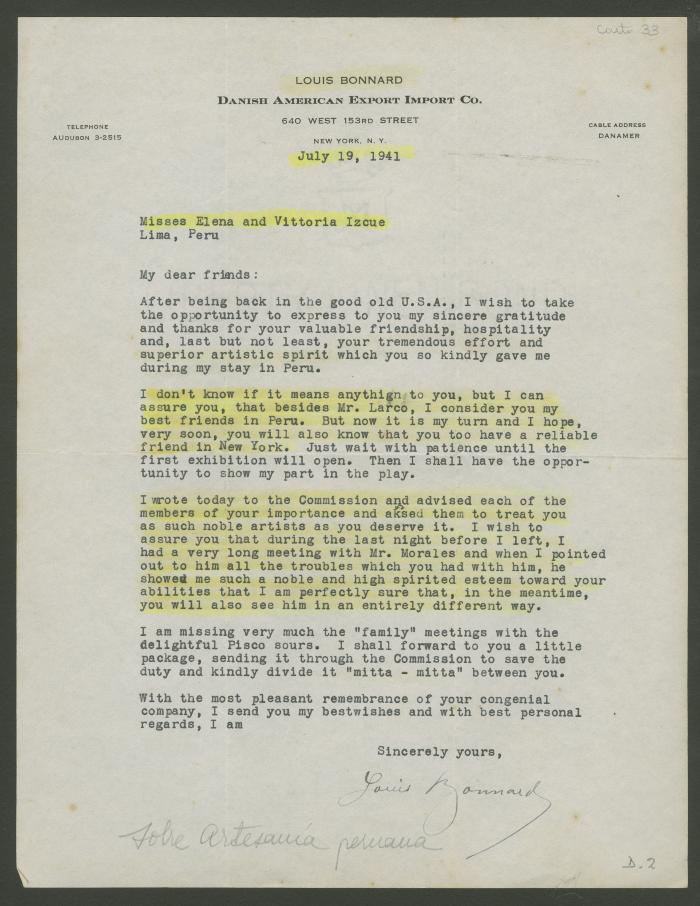 Carta de Louis Bonnard a Elena y Victoria Izcue