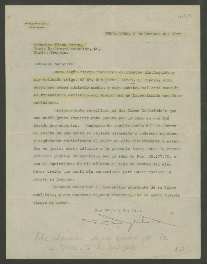 Carta de W. R. Grace & Co. a Elena Izcue