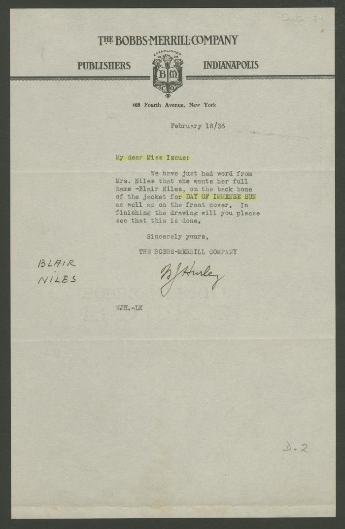 Carta de Blair Niles a Elena y Victoria Izcue