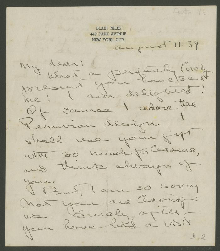 Carta de Blair Niles a Elena Izcue