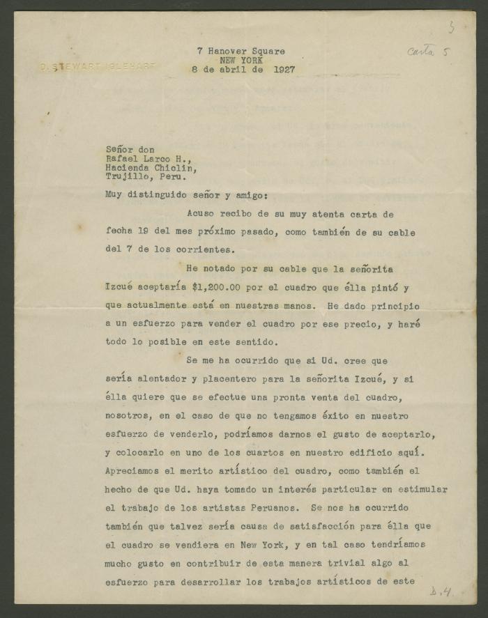 Carta de D. Stewart Iglehart a Rafael Larco Herrera