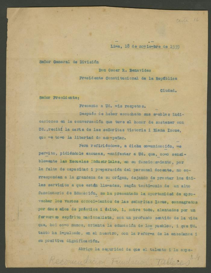 Carta dirigida al presidente Oscar R. Benavides