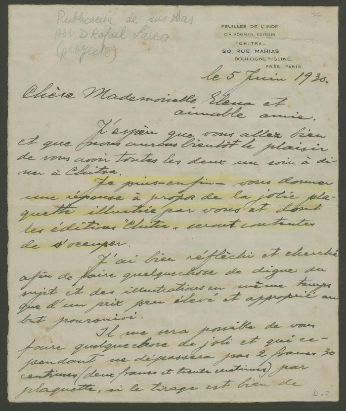 Carta de Rafael Larco Herrera a Elena Izcue