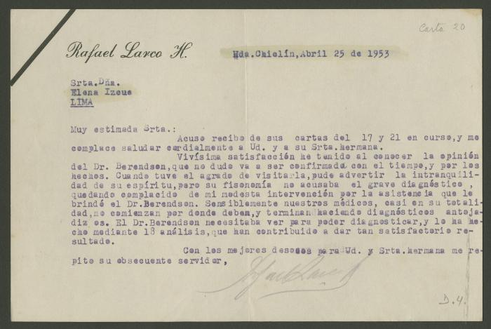 Carta de Rafael Larco Herrera a Elena Izcue
