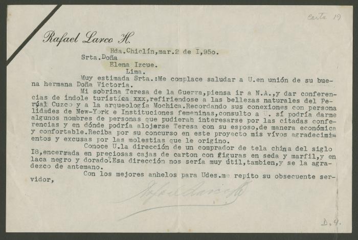 Carta de Rafael Larco Herrera a Elena Izcue