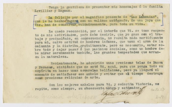 Carta de Rafael Larco Herrera a Elena Izcue