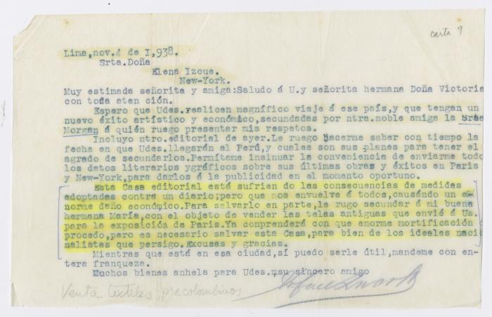 Carta de Rafael Larco Herrera a Elena Izcue 