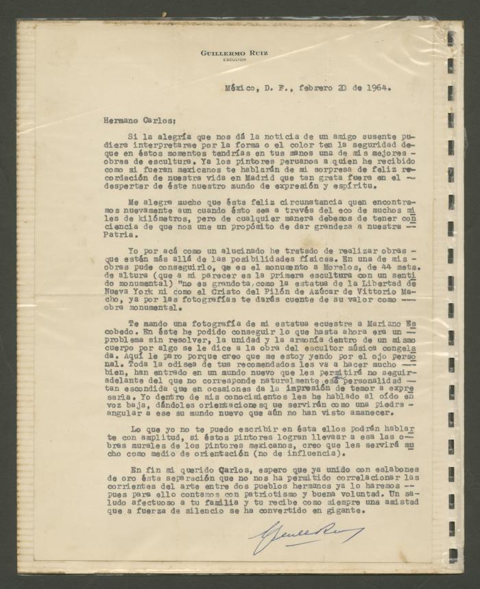 Carta de Guillermo Ruiz a Carlos Quízpez Asín