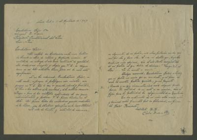 Carta de Carlos Baca-Flor al presidente Augusto B. Leguía