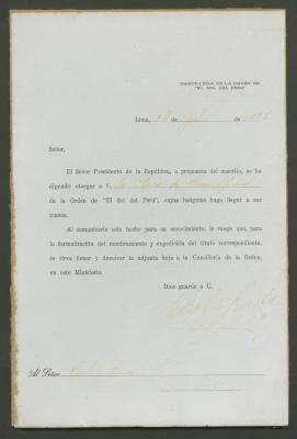 Carta de Pedro José Rada a Carlos Baca-Flor