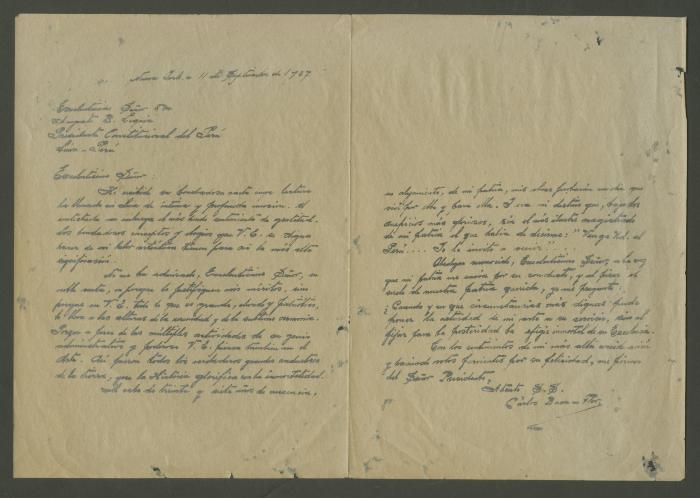 Carta de Carlos Baca-Flor al presidente Augusto B. Leguía