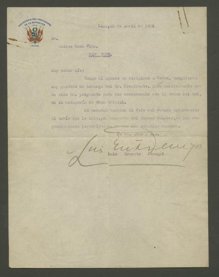 Carta de Luis Ernesto Denegri a Carlos Baca-Flor