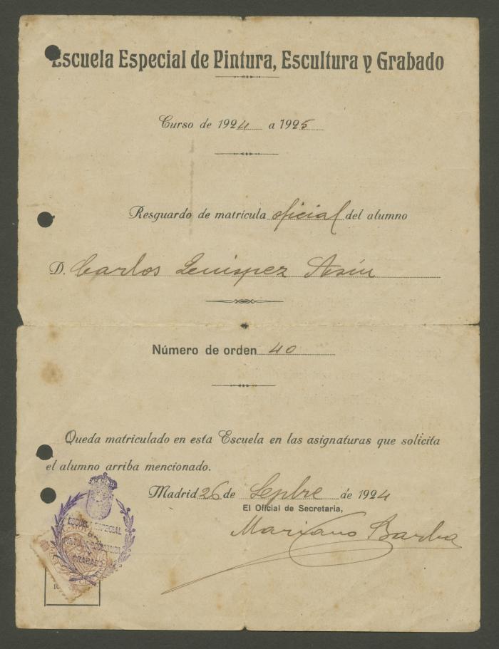 Resguardo de matricula de Carlos Quízpez Asin en la Escuela Especial de Pintura , Escultura y Grabado