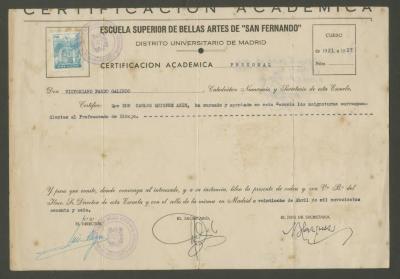 Certificación Académica De la Escuela Superior de Bellas Artes de San Fernando