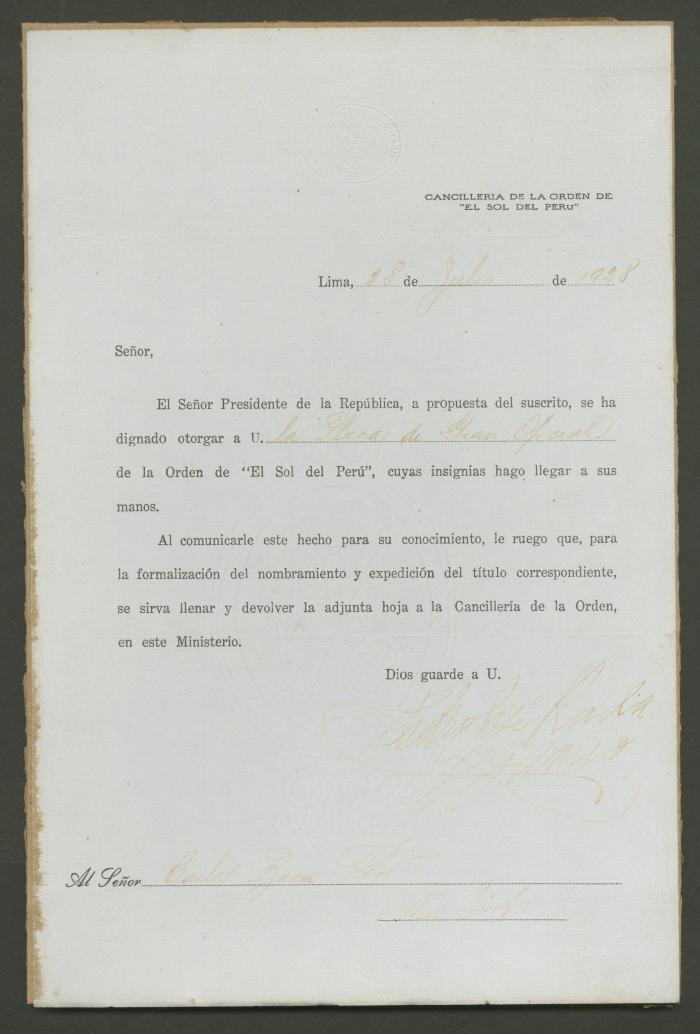 Carta de Pedro José Rada a Carlos Baca-Flor