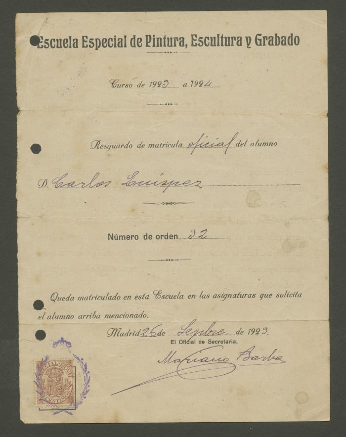 Resguardo de matricula de Carlos Quízpez Asin en la Escuela Especial de Pintura, Escultura y Grabado