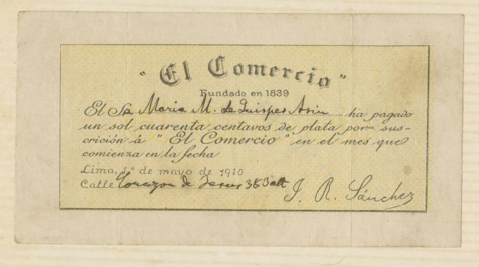 Boleta de suscripción a "El Comercio"