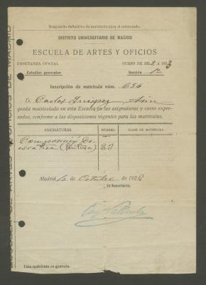 Inscripción de matrícula de la Escuela de Arte y Oficios