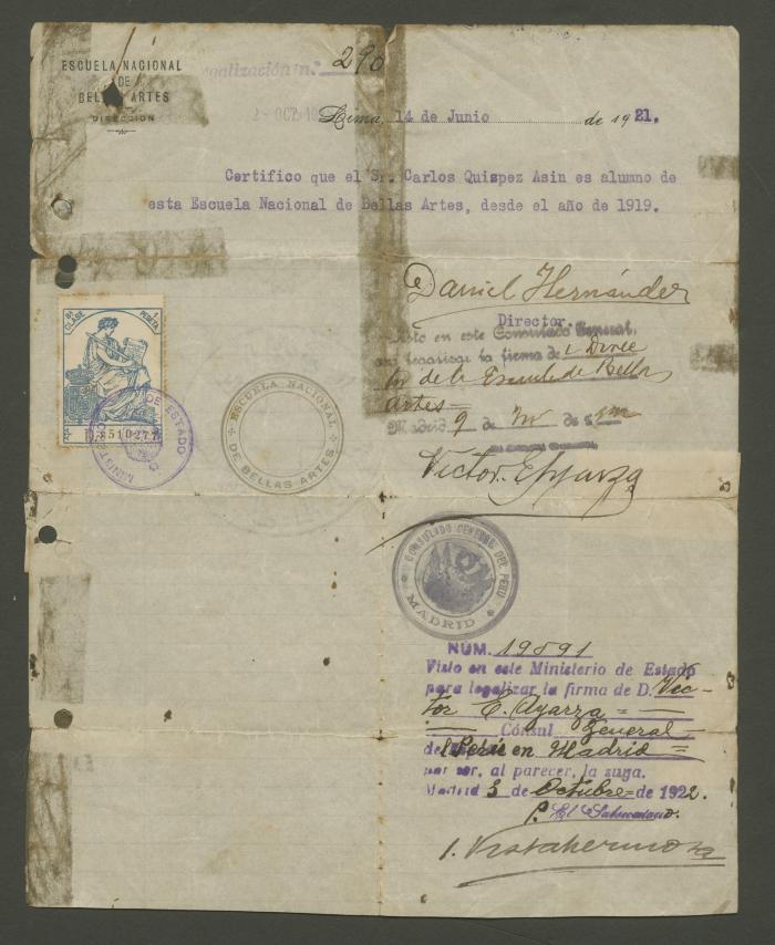 Certificado de la Escuela Nacional de Bellas Artes