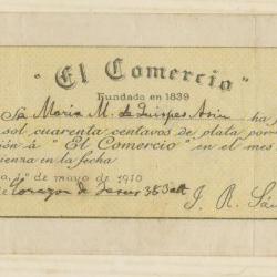 Boleta de suscripción a "El Comercio"