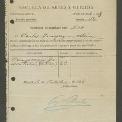 Inscripción de matrícula de la Escuela de Arte y Oficios