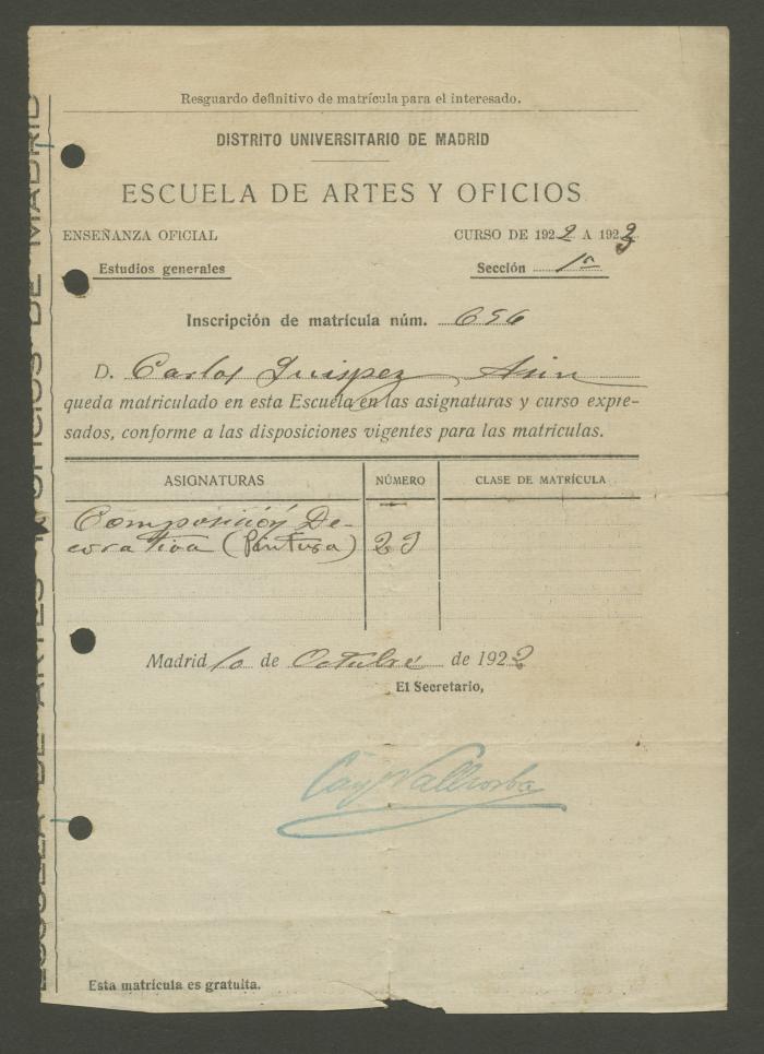 Inscripción de matrícula de la Escuela de Arte y Oficios