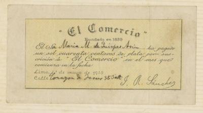 Boleta de suscripción a "El Comercio"