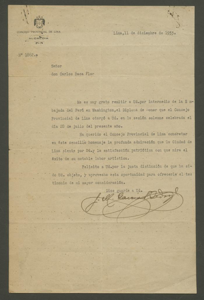 Carta de José Manuel García Bedoya a Carlos Baca-Flor